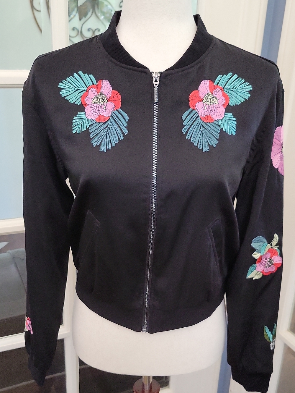 GUESS Black Bomber Jacket with Embroidered Pink & Teal Florals | Size: XS